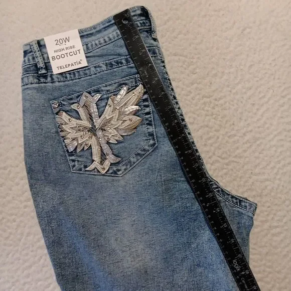 Telepatia High-Rise Bootcut Jeans 20x30 Bootcut Rhinestone Embellished Cross - Picture 7 of 10